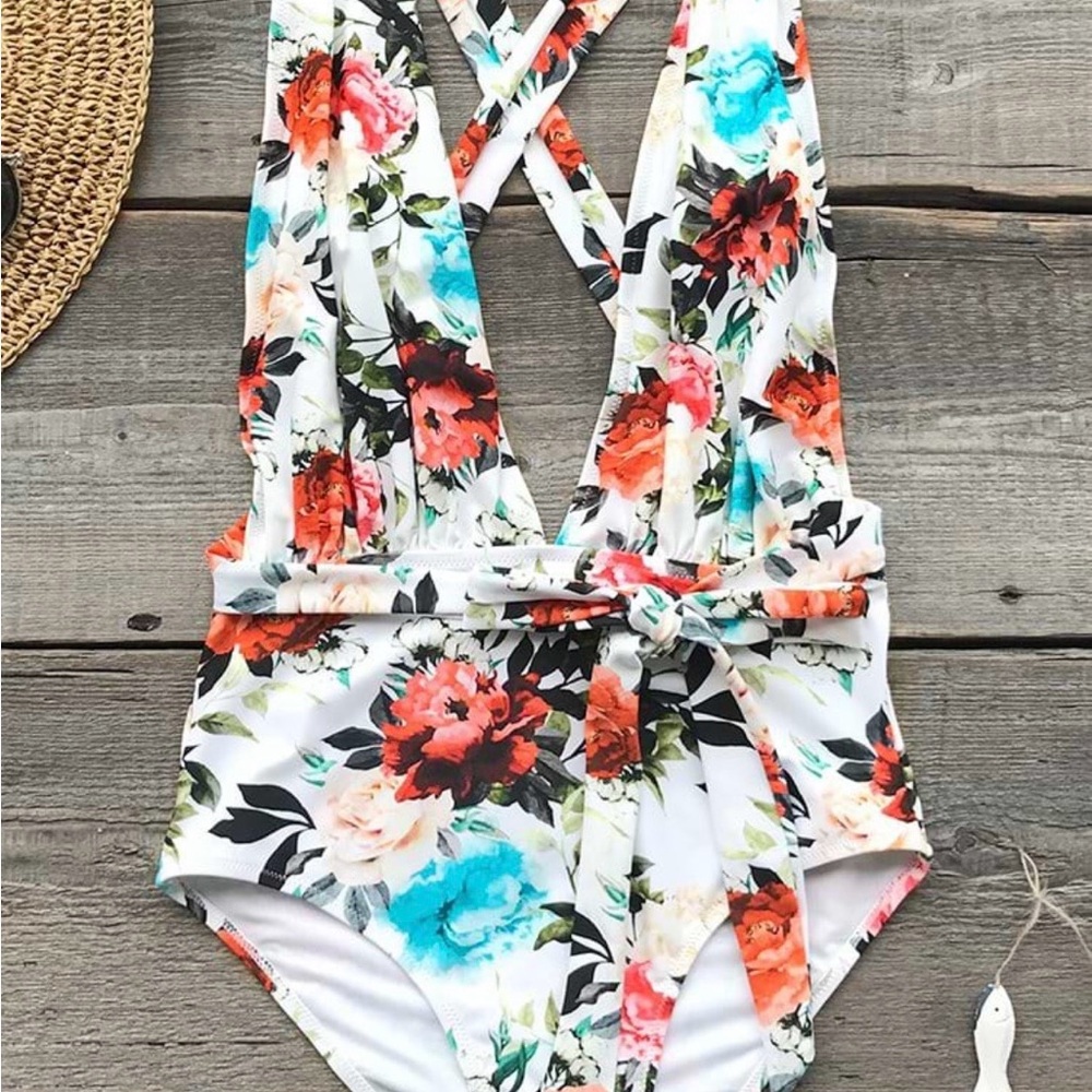 Cupshe White Floral One-Piece Swimsuit with Coral & Turquoise Flowers